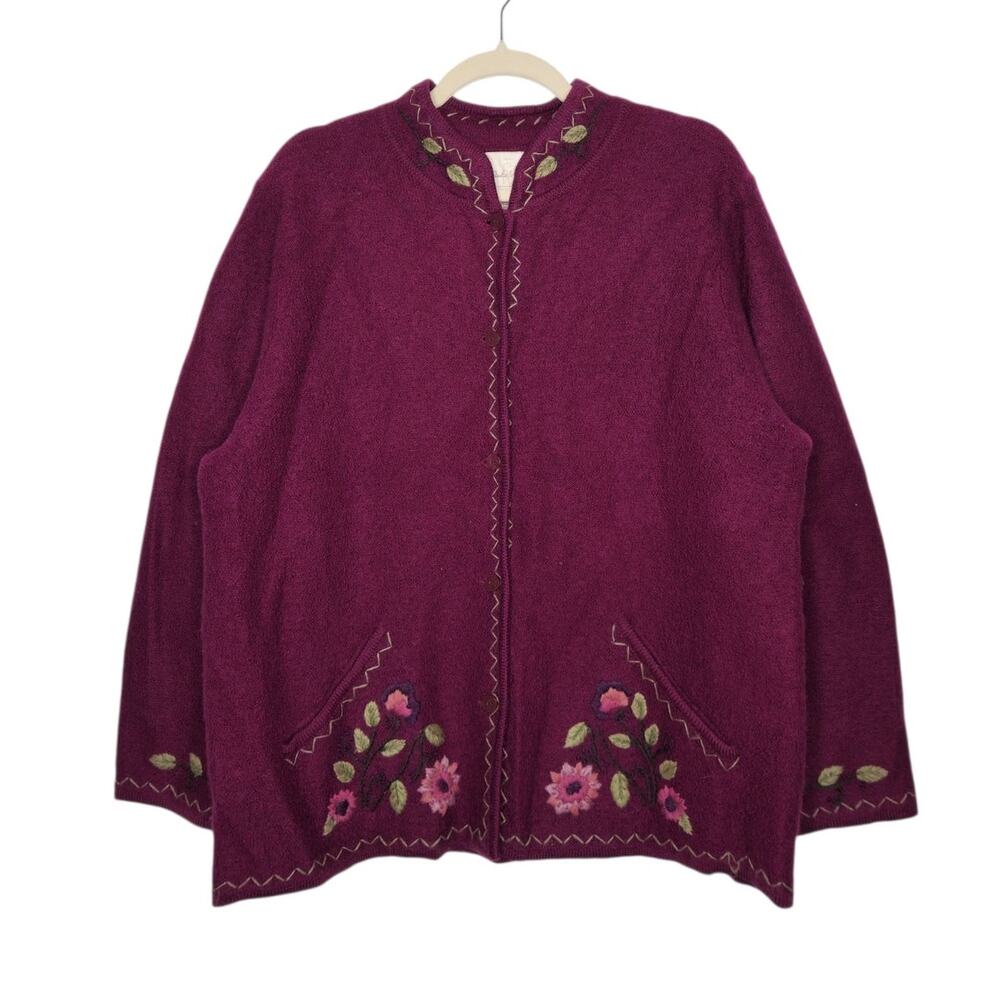 Vintage Wool Sweater Embroidered Art Floral Flower Grandma Cottage Lg